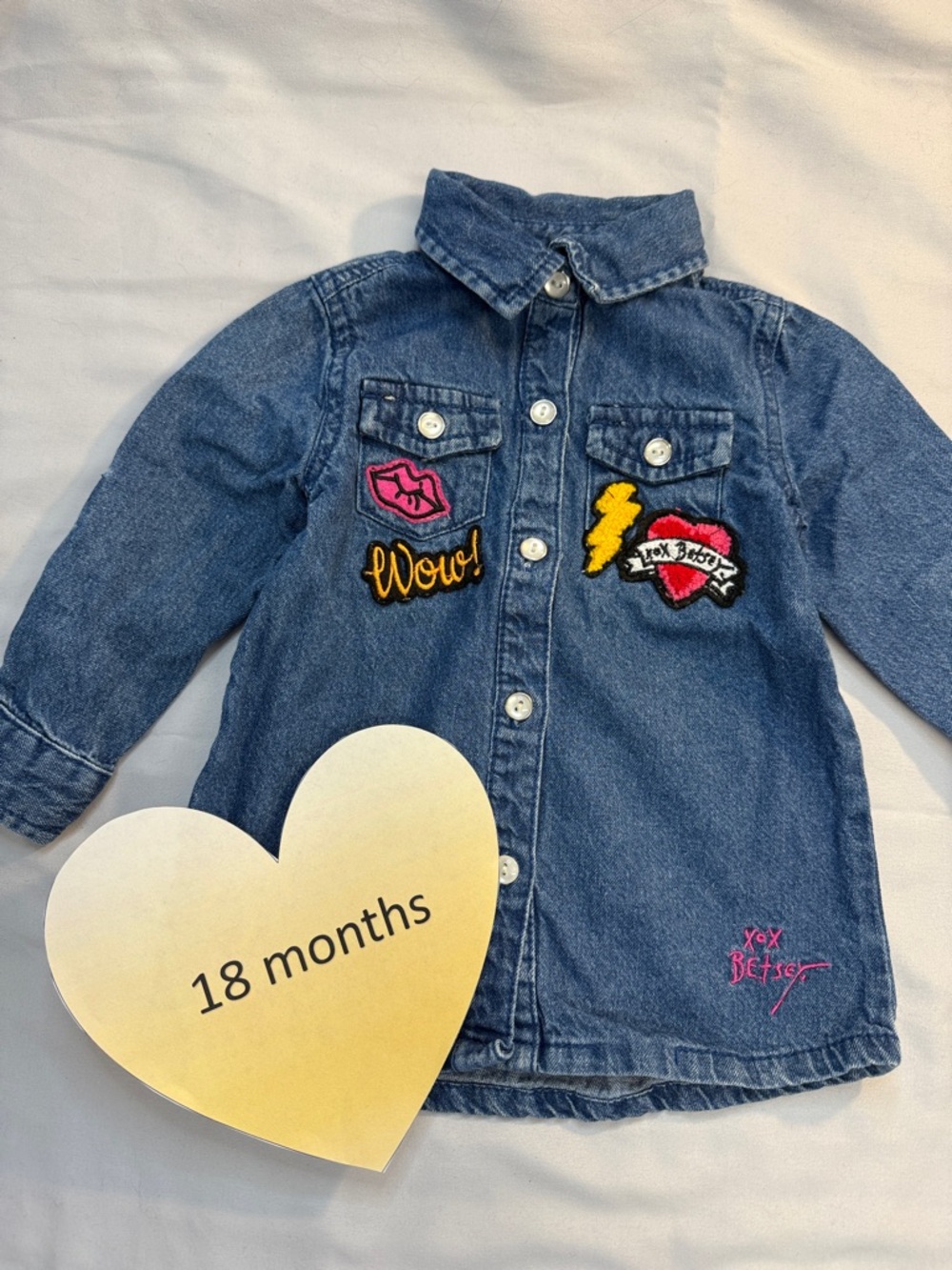 Betsey Johnson Blue Kids Jean shirt dress with Colorful Patches